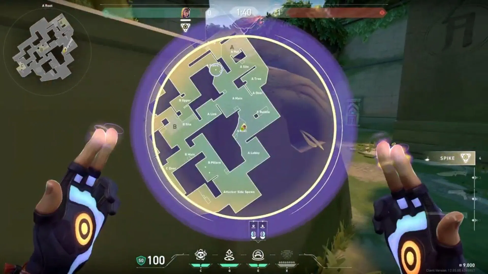 Top-down tactical blueprint of a map showing optimal smoke placements and rotation paths